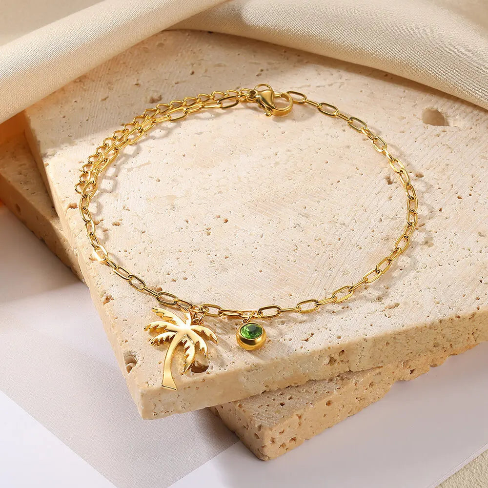Palm Tree Birthstone Anklet Shiny Layered Chain Anklets For Women Gold Color Stainless Steel Waterproof Beach Jewelry Her Gift