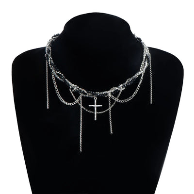 New Y2K Cross Pendant Beaded Necklace Women Boho Crystal Class Tassels Clavicle Chain Cool Choker Exquisite Fashion Jewelry