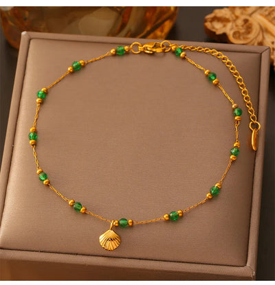 2 Pcs Gold Plated Summer Green Crystal with Shell Pendant Anklet Stainless Steel Beaded Waterproof Jewelry Wholesale