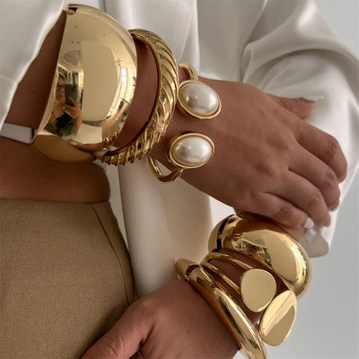 Ingemark Exaggerated Punk Smooth Heavy Metal Chunky Spring Bangles Women Hip Hop Gold Color Arm Bracelet Steampunk Men Jewelry
