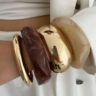 IngeSight.Z Vintage Irregular Resin Wide Bangle Bracelets Women Punk Geometric Wide Metal Bracelet Fashion Chunky Party Jewelry