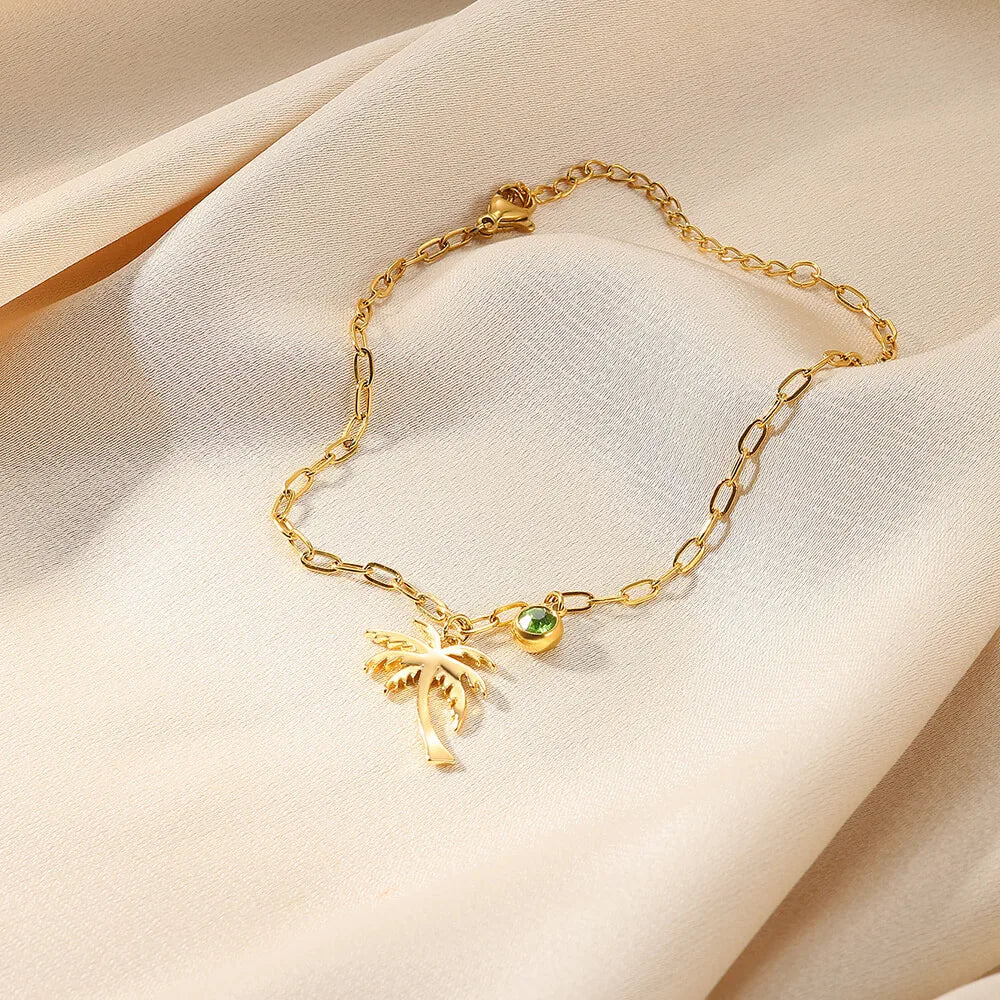 Palm Tree Birthstone Anklet Shiny Layered Chain Anklets For Women Gold Color Stainless Steel Waterproof Beach Jewelry Her Gift
