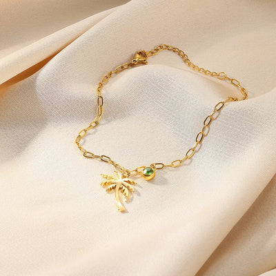 Palm Tree Birthstone Anklet Shiny Layered Chain Anklets For Women Gold Color Stainless Steel Waterproof Beach Jewelry Her Gift