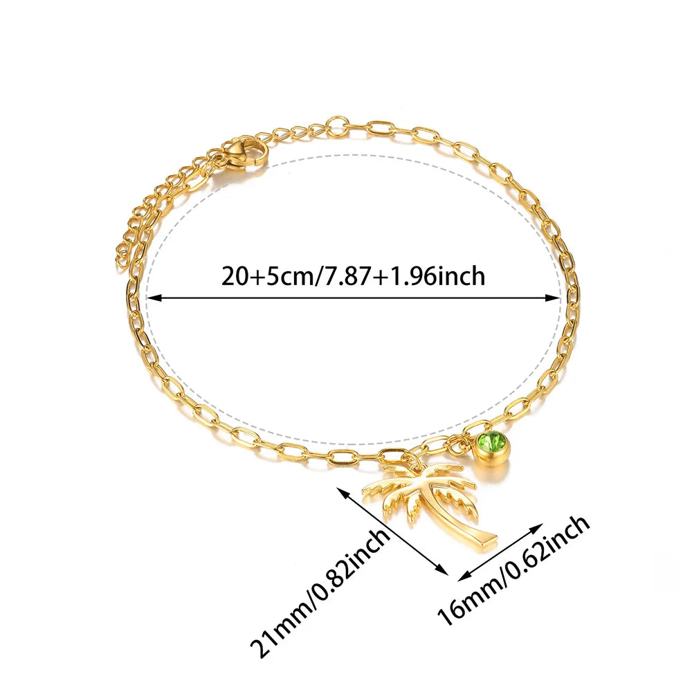 Palm Tree Birthstone Anklet Shiny Layered Chain Anklets For Women Gold Color Stainless Steel Waterproof Beach Jewelry Her Gift