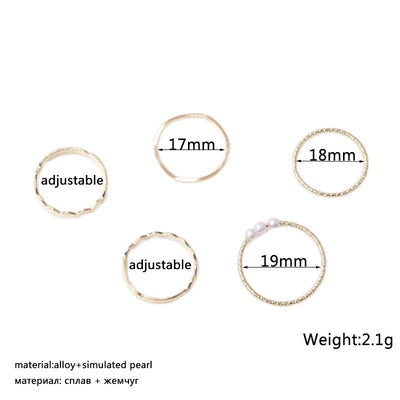 5pcs/set Rings for Women Simple Three Pearl Wavy Metal Twist Combination Joint Ring Trendy Personality Golden Party Jewelry Gift