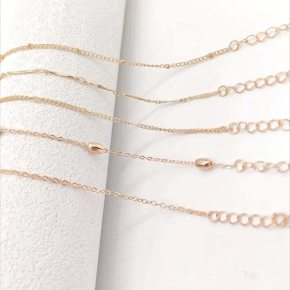 Shiny Anklets With Layers Leaves And Beaded Cuban Chains. A Set Of Summer Beach Anklets For Women Girls  Ankle Jewelry,