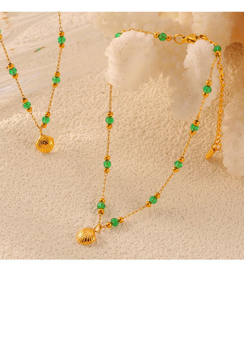 2 Pcs Gold Plated Summer Green Crystal with Shell Pendant Anklet Stainless Steel Beaded Waterproof Jewelry Wholesale