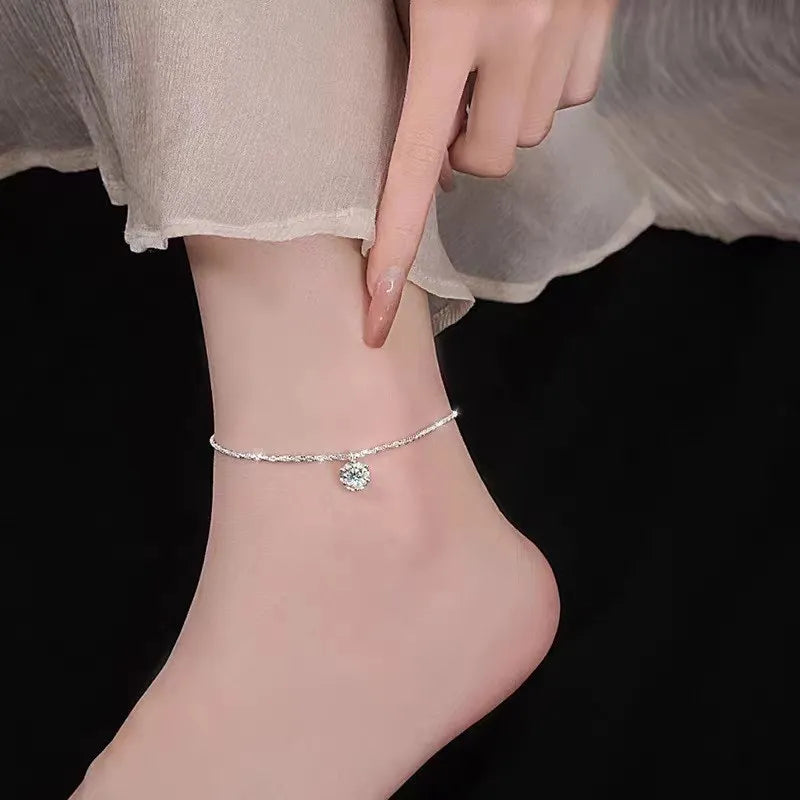 Exquisite Silver Color Zircon Anklet for Women Girls Sparkling Gypsophila Adjsutable Chain Beach Anklet Jewelry Gift 2024 New