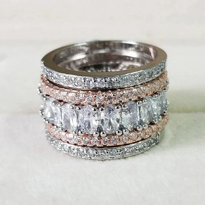 Huitan Luxury Two-Tone Wide Rings for Women Full Brilliant Cubic Zirconia Exquisite Superb Party Jewelry Trendy Chic Accessories