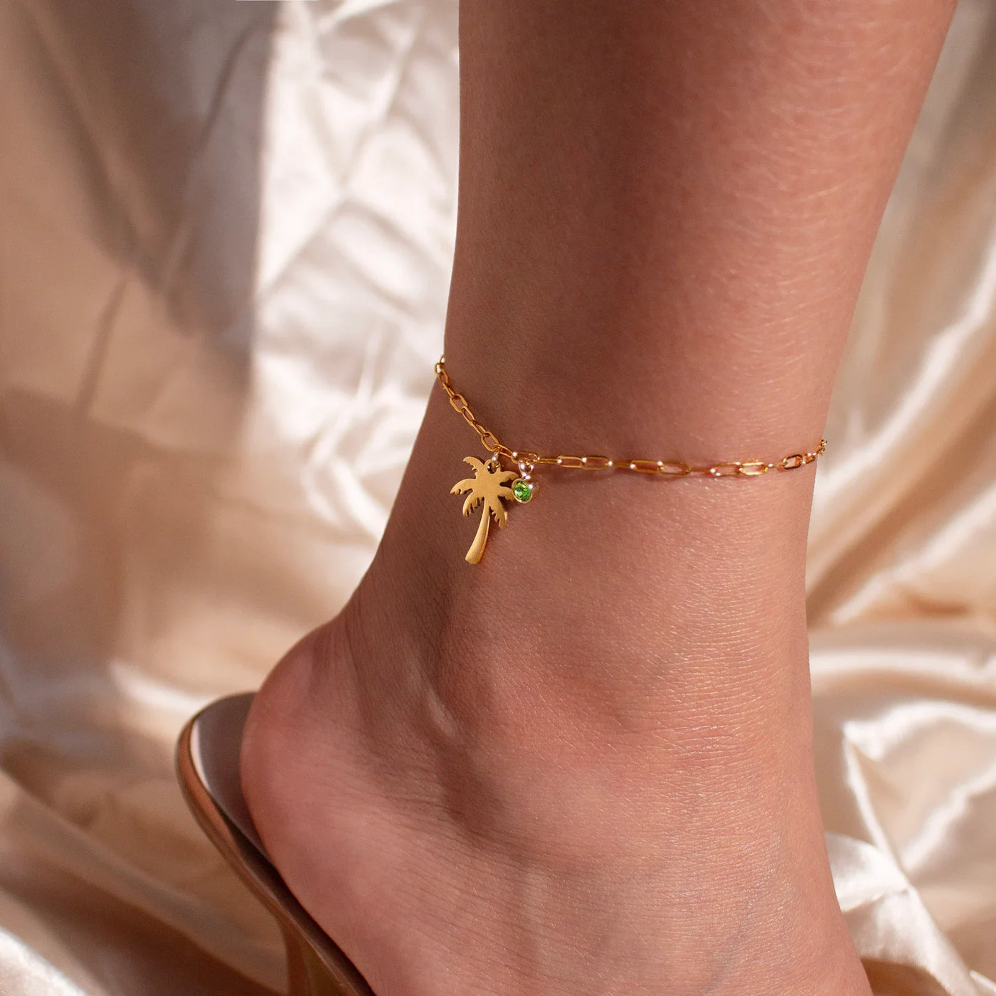 Palm Tree Birthstone Anklet Shiny Layered Chain Anklets For Women Gold Color Stainless Steel Waterproof Beach Jewelry Her Gift