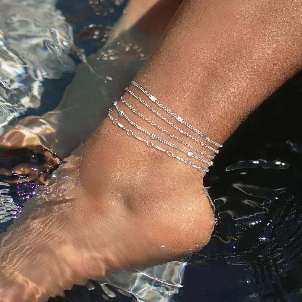 Shiny Anklets With Layers Leaves And Beaded Cuban Chains. A Set Of Summer Beach Anklets For Women Girls  Ankle Jewelry,