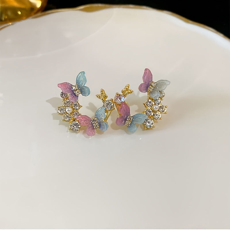 1 Pair Dazzling Rhinestone Dangle Earrings - Delicate Butterfly Flower Wreath Drop Design with Intricate Details, Sophisticated and Playful Style - Vibrant Color Scheme Earrings Jewelry for Women
