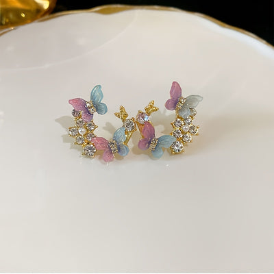 1 Pair Dazzling Rhinestone Dangle Earrings - Delicate Butterfly Flower Wreath Drop Design with Intricate Details, Sophisticated and Playful Style - Vibrant Color Scheme Earrings Jewelry for Women