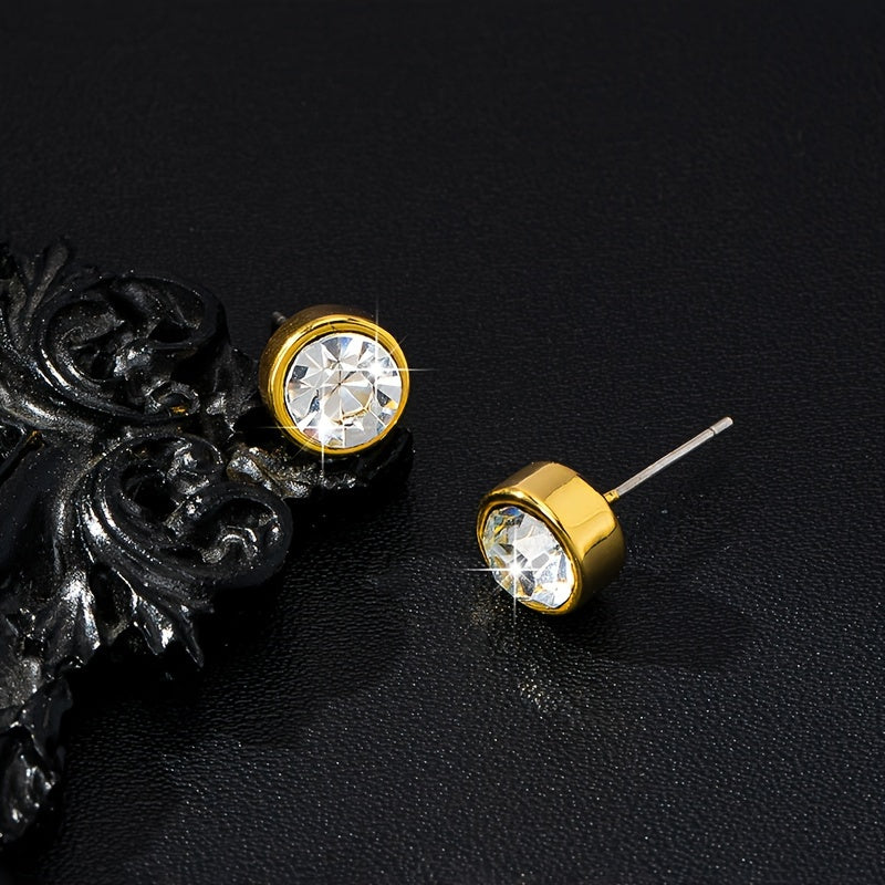 Summer Exquisite Golden Stud Earrings, Round Shaped Zircon Decor 18K Gold Plated Trendy Stud Earrings, Preppy And Minimalist Style Earrings Jewelry