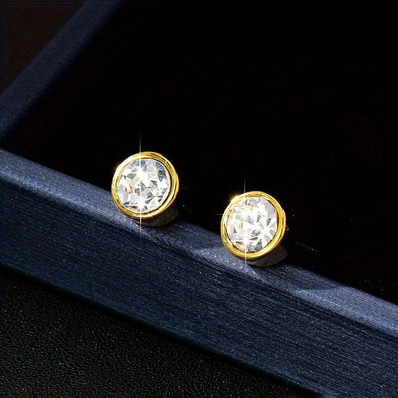 Summer Exquisite Golden Stud Earrings, Round Shaped Zircon Decor 18K Gold Plated Trendy Stud Earrings, Preppy And Minimalist Style Earrings Jewelry