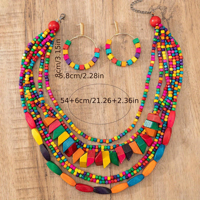Three-piece Bohemian 5-color Wooden Multi-layer Necklace Sweater Chain Earrings Jewelry Set