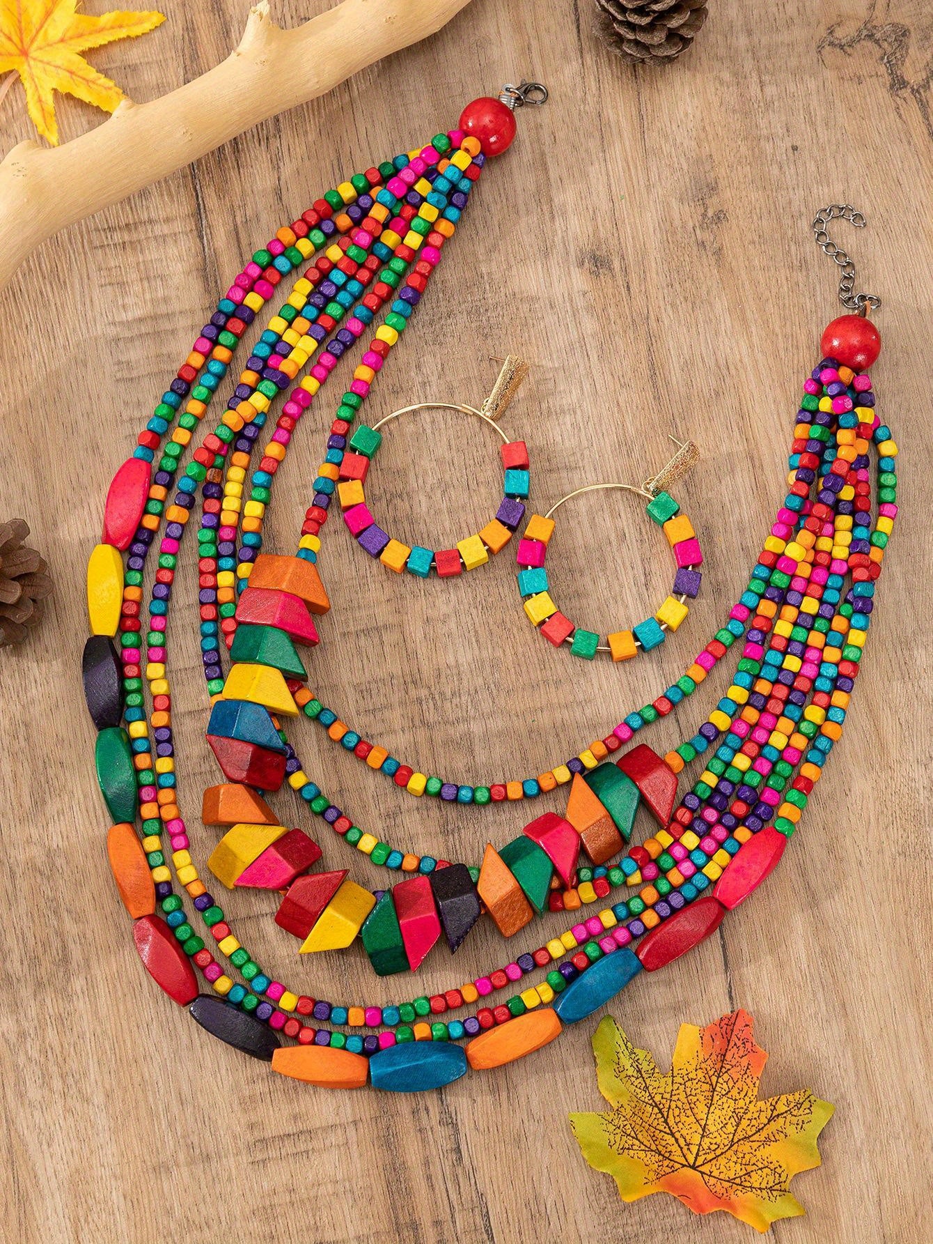 Three-piece Bohemian 5-color Wooden Multi-layer Necklace Sweater Chain Earrings Jewelry Set