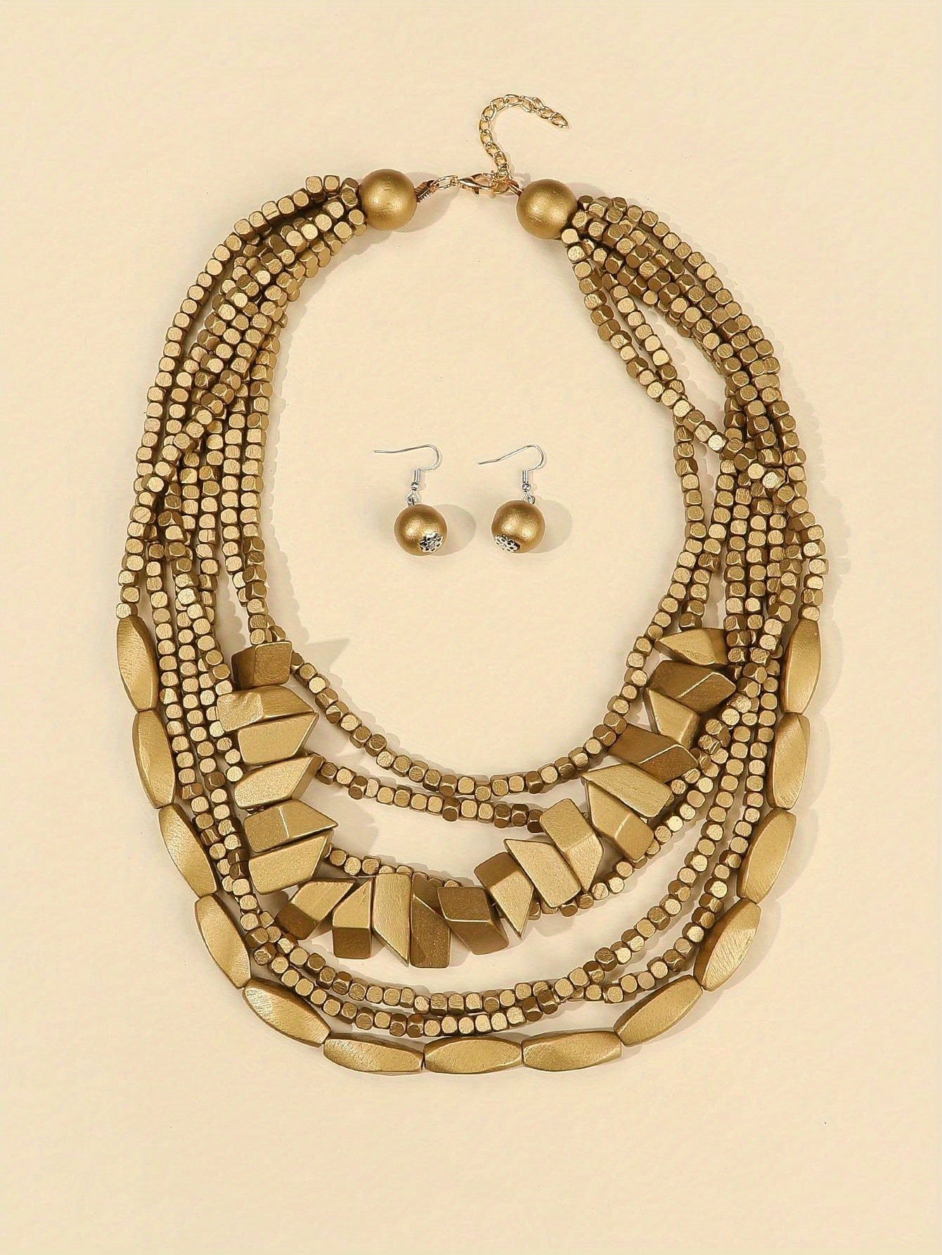 Three-piece Bohemian 5-color Wooden Multi-layer Necklace Sweater Chain Earrings Jewelry Set