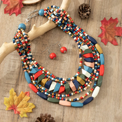 Three-piece Bohemian 5-color Wooden Multi-layer Necklace Sweater Chain Earrings Jewelry Set