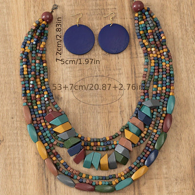 Three-piece Bohemian 5-color Wooden Multi-layer Necklace Sweater Chain Earrings Jewelry Set
