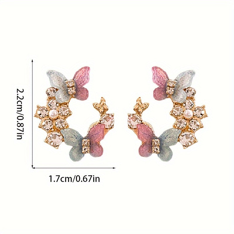 1 Pair Dazzling Rhinestone Dangle Earrings - Delicate Butterfly Flower Wreath Drop Design with Intricate Details, Sophisticated and Playful Style - Vibrant Color Scheme Earrings Jewelry for Women