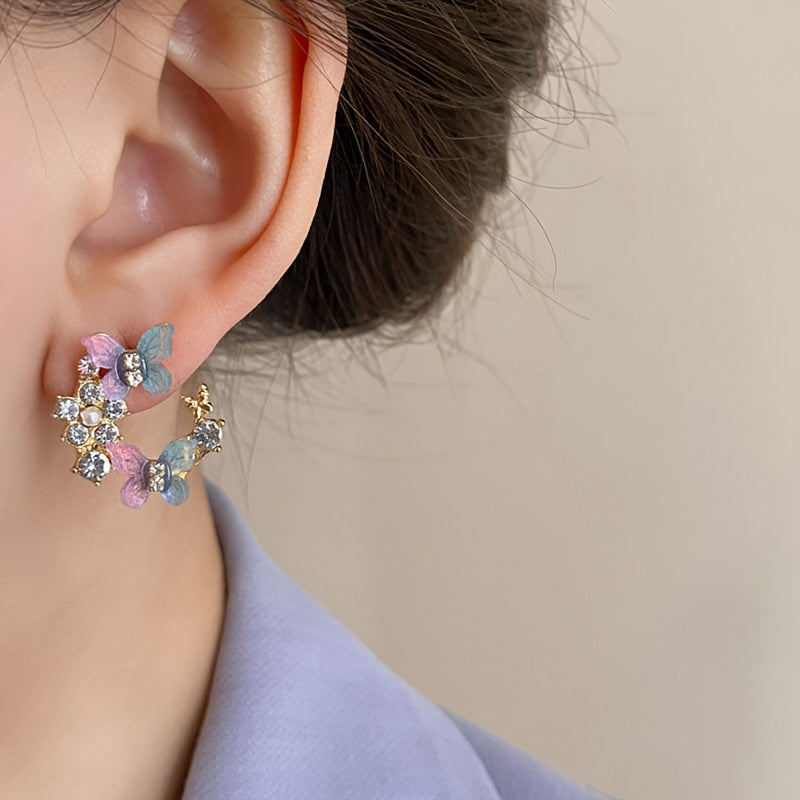 1 Pair Dazzling Rhinestone Dangle Earrings - Delicate Butterfly Flower Wreath Drop Design with Intricate Details, Sophisticated and Playful Style - Vibrant Color Scheme Earrings Jewelry for Women