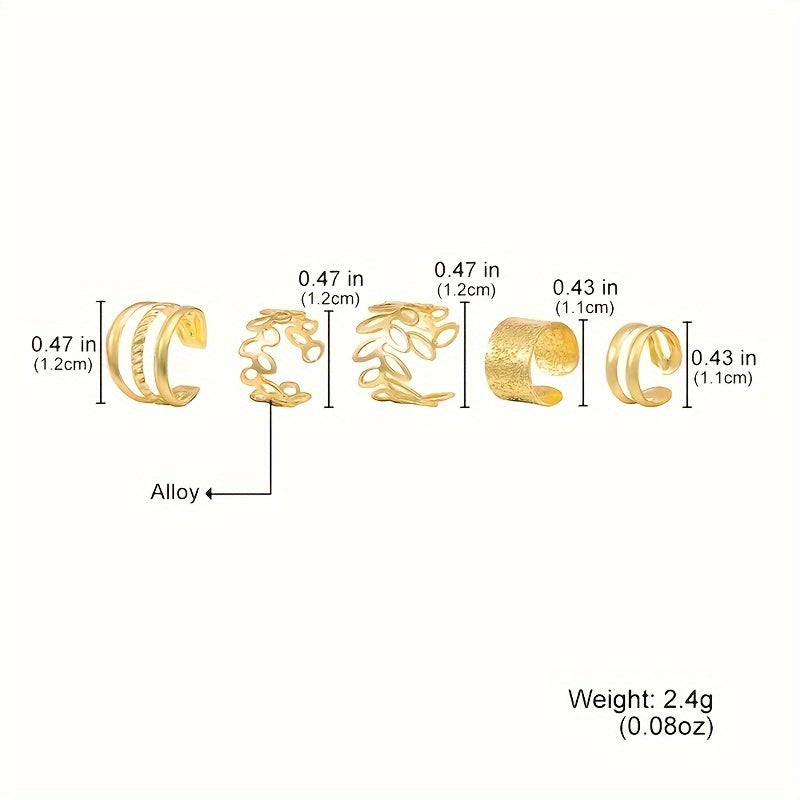 5-Piece Set of Golden Leaf U-Shaped Double-Layered Cartilage Clip-Ons - Non-Pierced Unisex Earrings Jewelry with Creative and Personalized Hollow Ear Clips - Ideal Holiday Gift