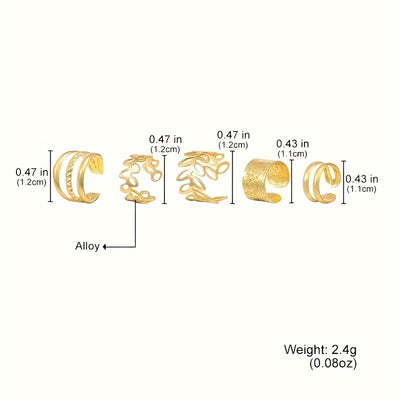 5-Piece Set of Golden Leaf U-Shaped Double-Layered Cartilage Clip-Ons - Non-Pierced Unisex Earrings Jewelry with Creative and Personalized Hollow Ear Clips - Ideal Holiday Gift