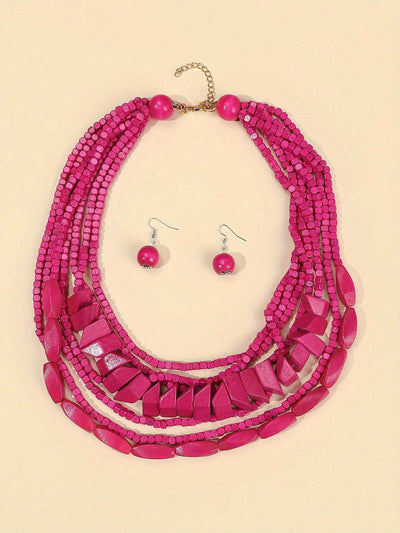 Three-piece Bohemian 5-color Wooden Multi-layer Necklace Sweater Chain Earrings Jewelry Set