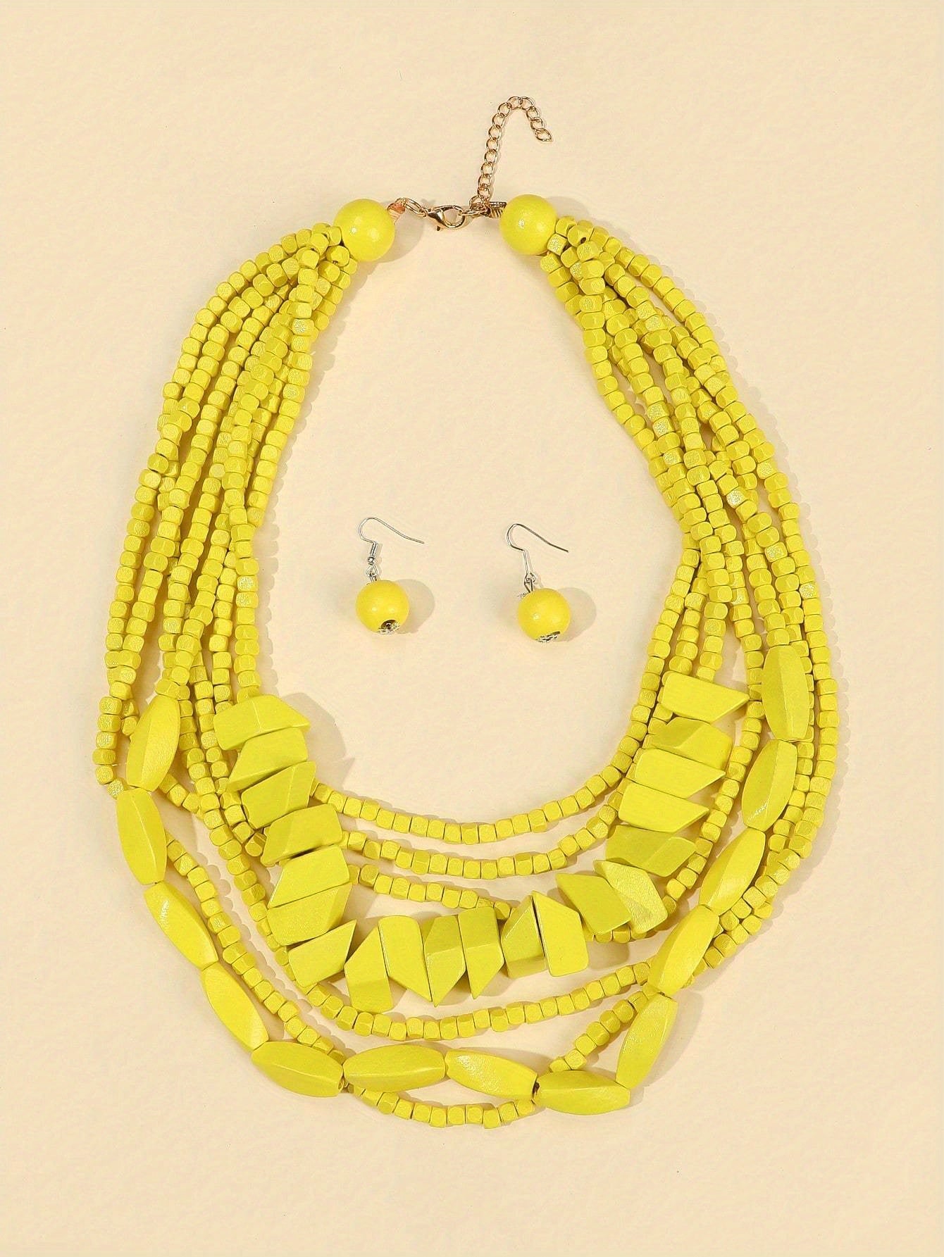 Three-piece Bohemian 5-color Wooden Multi-layer Necklace Sweater Chain Earrings Jewelry Set