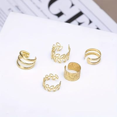 5-Piece Set of Golden Leaf U-Shaped Double-Layered Cartilage Clip-Ons - Non-Pierced Unisex Earrings Jewelry with Creative and Personalized Hollow Ear Clips - Ideal Holiday Gift