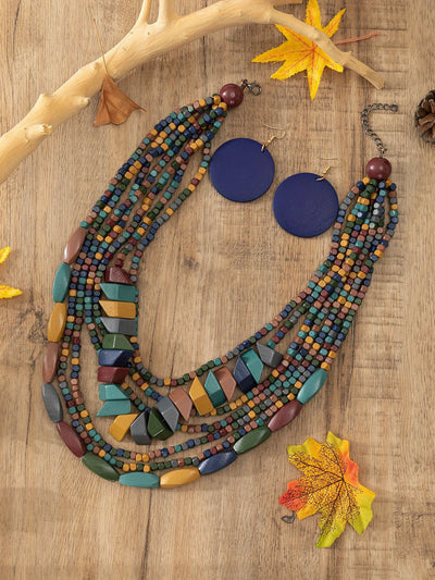 Three-piece Bohemian 5-color Wooden Multi-layer Necklace Sweater Chain Earrings Jewelry Set