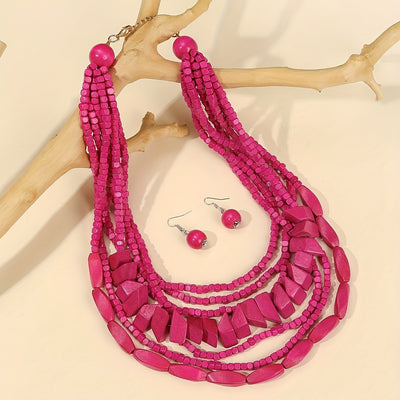 Three-piece Bohemian 5-color Wooden Multi-layer Necklace Sweater Chain Earrings Jewelry Set