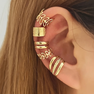 5-Piece Set of Golden Leaf U-Shaped Double-Layered Cartilage Clip-Ons - Non-Pierced Unisex Earrings Jewelry with Creative and Personalized Hollow Ear Clips - Ideal Holiday Gift